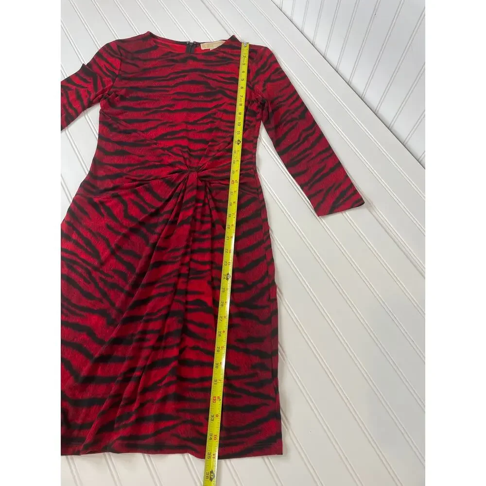 Michael Kors Red And Black Long Sleeve Ruched Midi Faux Wrap Dress Size XS